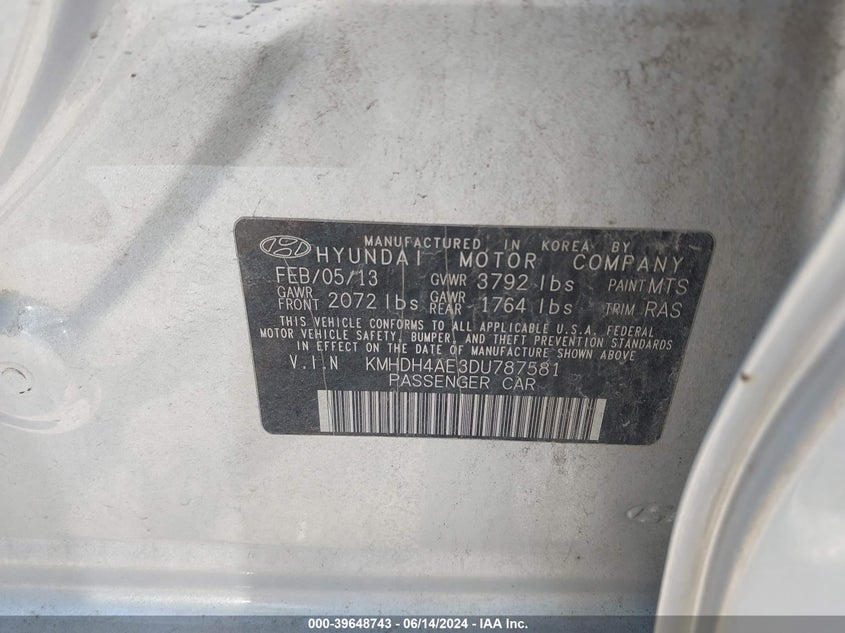 2013 Hyundai Elantra Gls VIN: KMHDH4AE3DU787581 Lot: 39648743