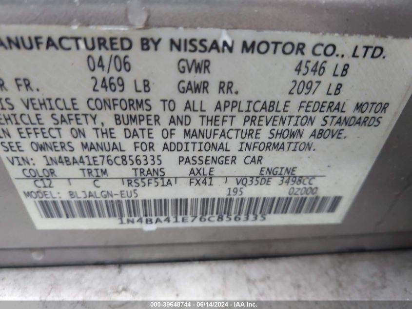 2006 Nissan Maxima 3.5 Sl VIN: 1N4BA41E76C856335 Lot: 39648744