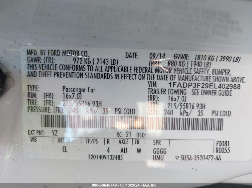 2014 FORD FOCUS SE - 1FADP3F29EL402988