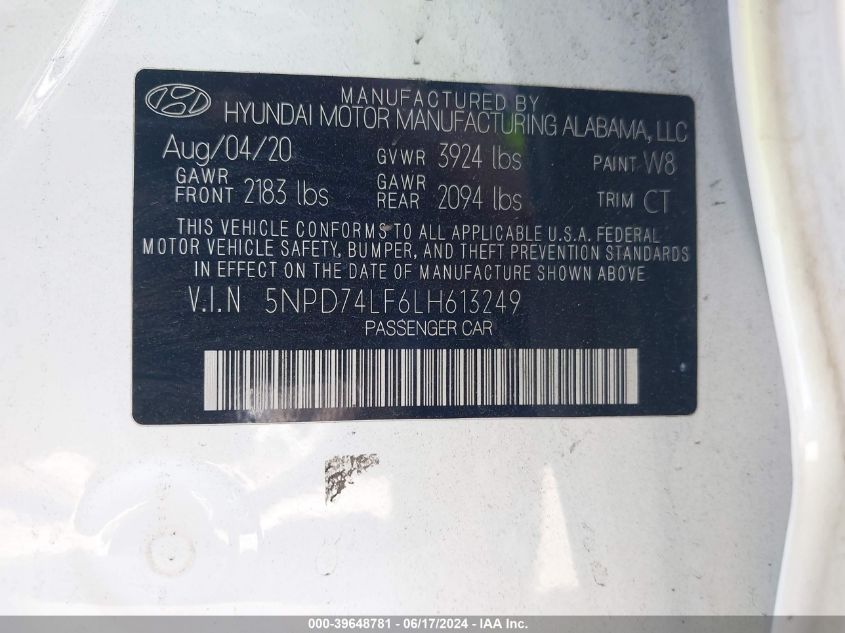 5NPD74LF6LH613249 2020 Hyundai Elantra Se