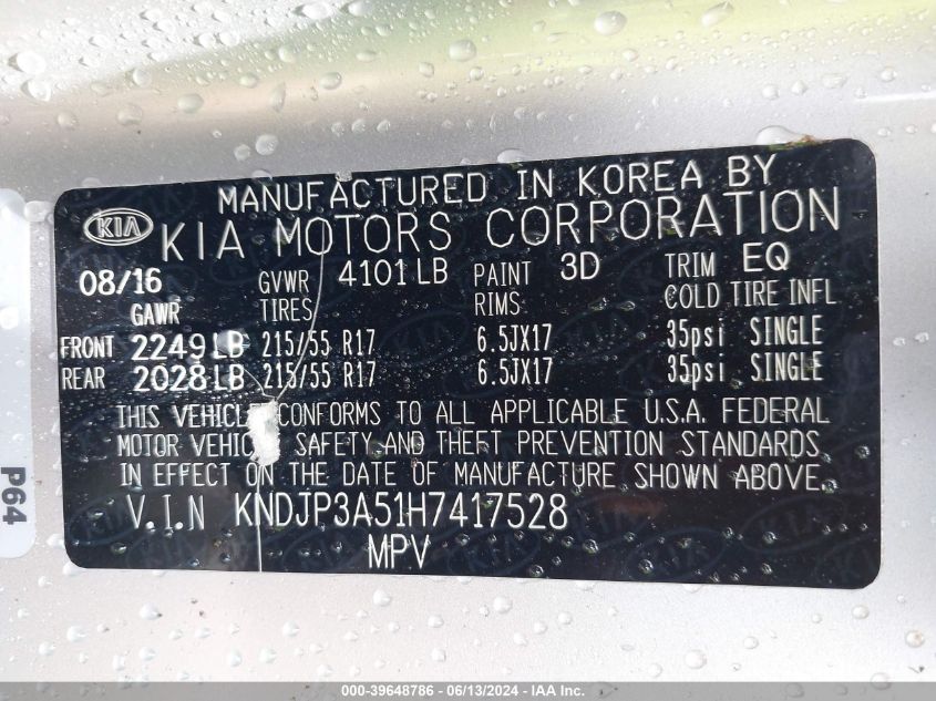 2017 Kia Soul + VIN: KNDJP3A51H7417528 Lot: 39648786
