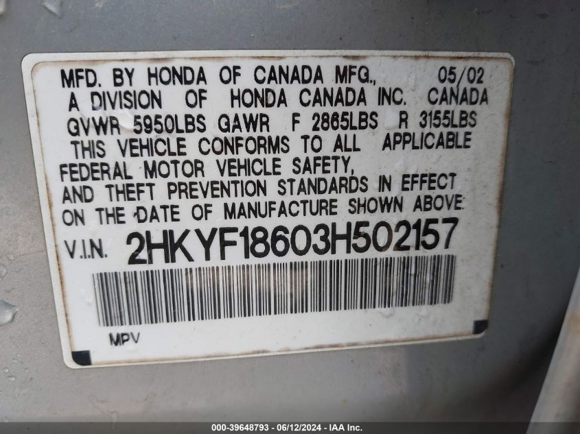 2003 Honda Pilot Ex-L VIN: 2HKYF18603H502157 Lot: 39648793