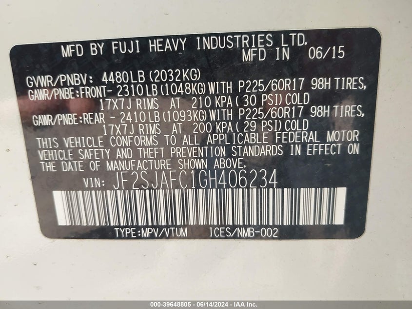 2016 Subaru Forester 2.5I Premium VIN: JF2SJAFC1GH406234 Lot: 39648805