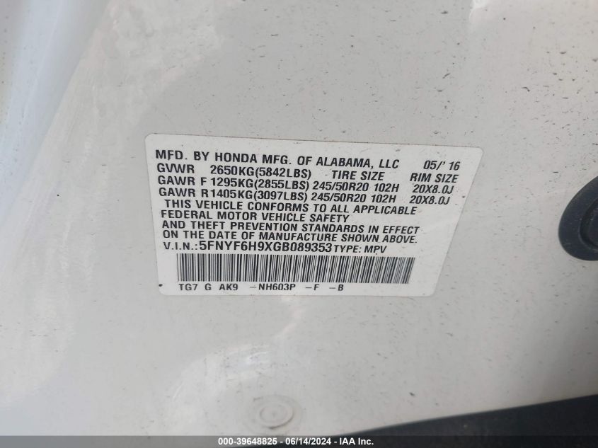 2016 Honda Pilot Touring VIN: 5FNYF6H9XGB089353 Lot: 39648825