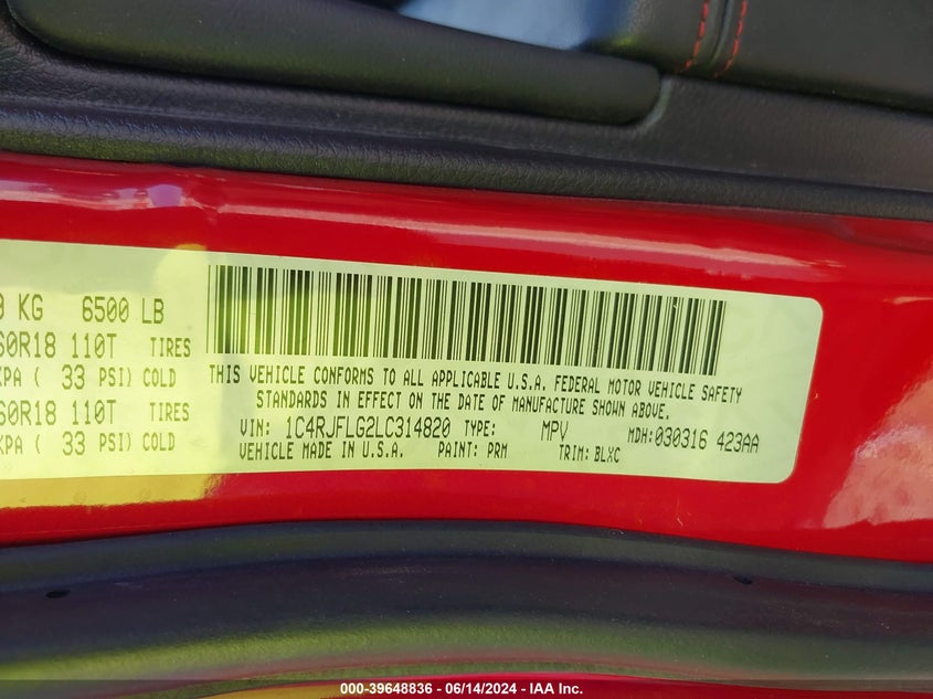 2020 Jeep Grand Cherokee Trailhawk 4X4 VIN: 1C4RJFLG2LC314820 Lot: 39648836