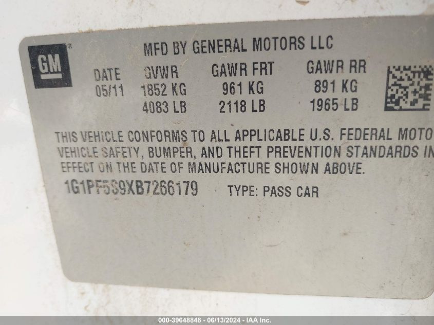 2011 Chevrolet Cruze 1Lt VIN: 1G1PF5S9XB7266179 Lot: 39648848