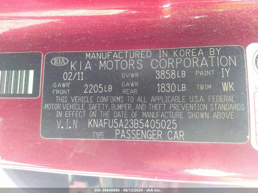 2011 Kia Forte Ex VIN: KNAFU5A23B5405025 Lot: 39648860