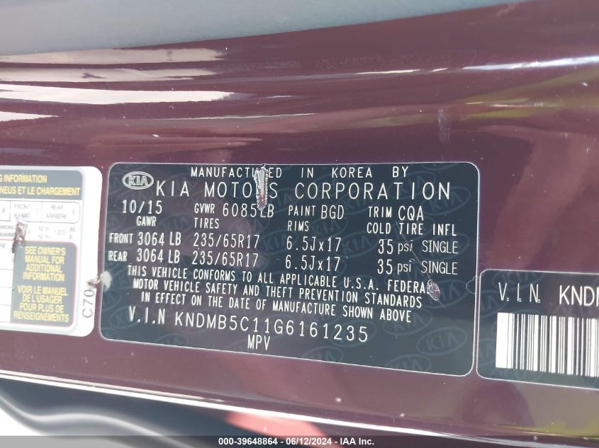 2016 Kia Sedona Lx VIN: KNDMB5C11G6161235 Lot: 39648864