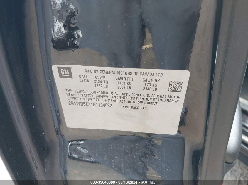 2016 Chevrolet Impala Limited Police VIN: 2G1WD5E31G1104082 Lot: 39648880