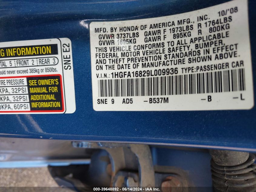 2009 Honda Civic Ex VIN: 1HGFA16829L009936 Lot: 39648892