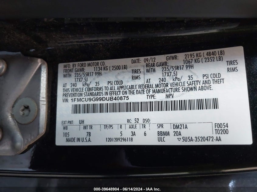 2013 Ford Escape Se VIN: 1FMCU9G99DUB40875 Lot: 39648904