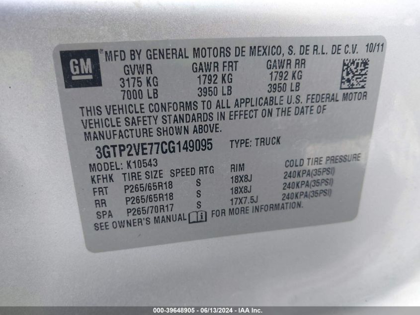 2012 GMC Sierra 1500 Sle VIN: 3GTP2VE77CG149095 Lot: 39648905