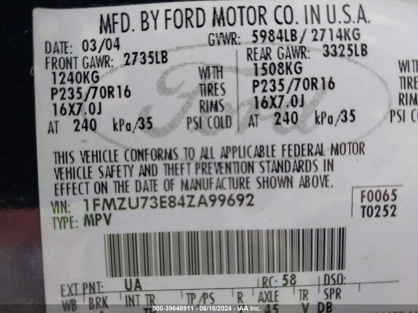 2004 Ford Explorer Nbx/Xlt VIN: 1FMZU73E84ZA99692 Lot: 39648911