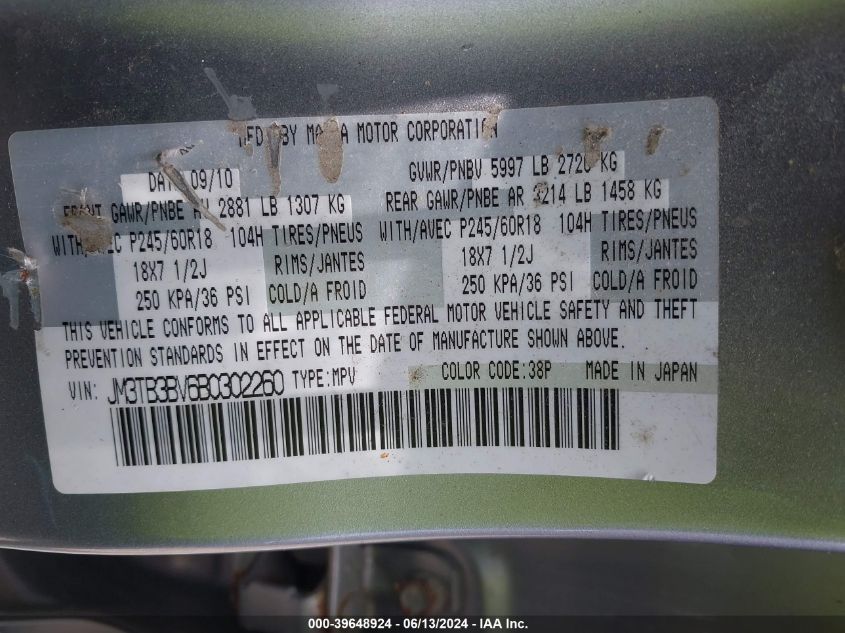 2011 Mazda Cx-9 Sport VIN: JM3TB3BV6B0302260 Lot: 39648924