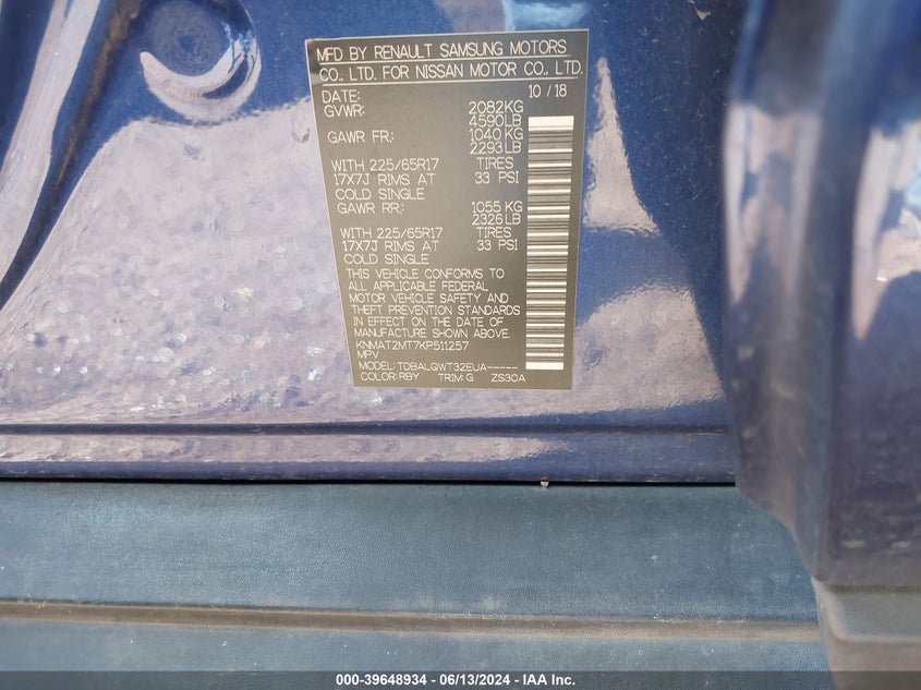 2019 Nissan Rogue Sv VIN: KNMAT2MT7KP511257 Lot: 39648934