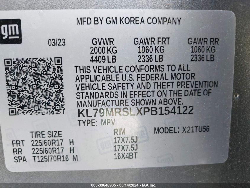 2023 Chevrolet Trailblazer Awd Lt VIN: KL79MRSLXPB154122 Lot: 39648935