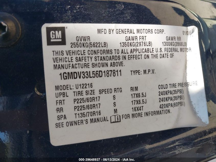 2006 Pontiac Montana Sv6 VIN: 1GMDV33L56D187811 Lot: 39648937