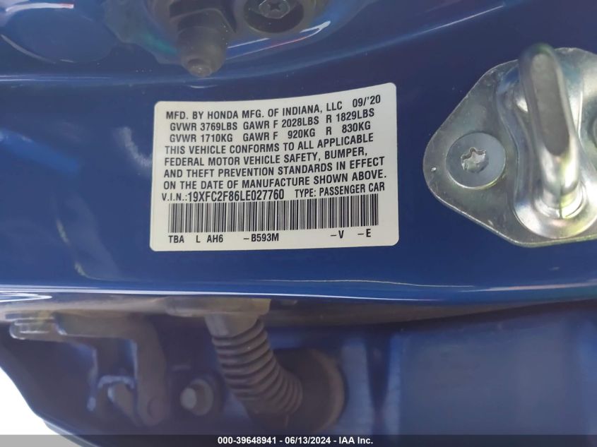 2020 Honda Civic Sport VIN: 19XFC2F86LE027760 Lot: 39648941
