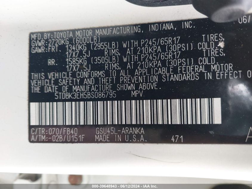 2011 Toyota Highlander Base V6 VIN: 5TDBK3EH5BS086795 Lot: 39648943
