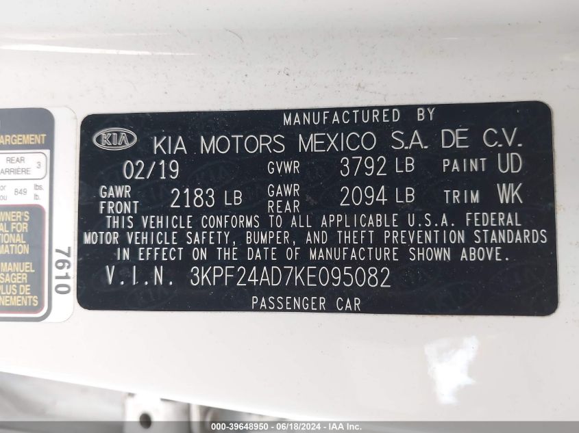 2019 Kia Forte Lxs VIN: 3KPF24AD7KE095082 Lot: 39648950