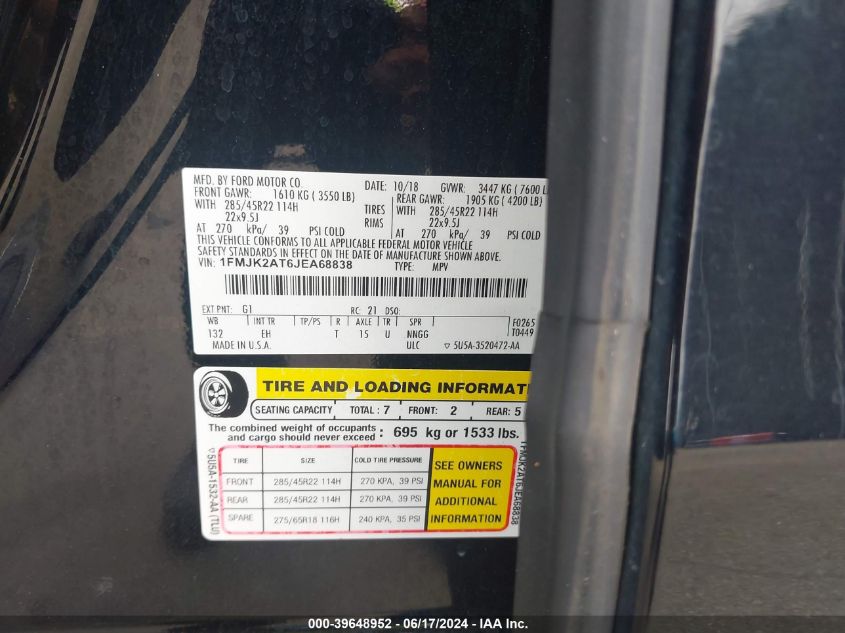 2018 Ford Expedition Max Limited VIN: 1FMJK2AT6JEA68838 Lot: 39648952