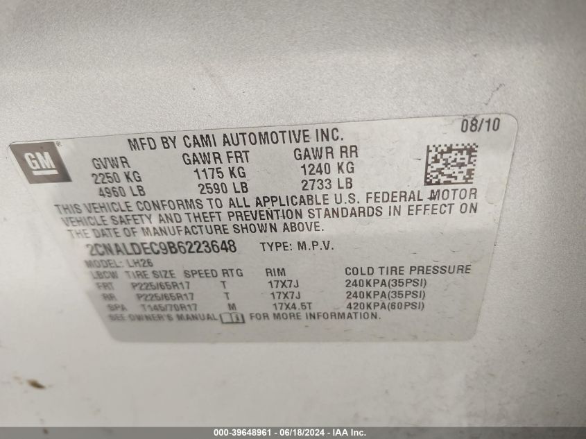 2011 Chevrolet Equinox 1Lt VIN: 2CNALDEC9B6223648 Lot: 39648961