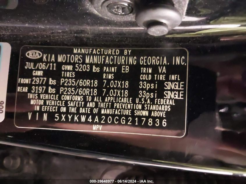 2012 Kia Sorento Sx V6 VIN: 5XYKW4A20CG217836 Lot: 39648977