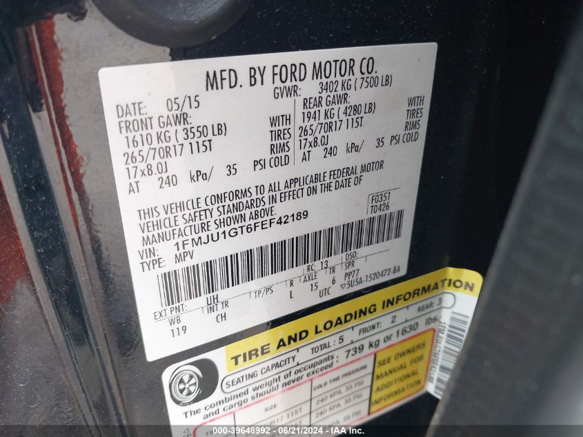 2015 Ford Expedition Xl VIN: 1FMJU1GT6FEF42189 Lot: 39648992