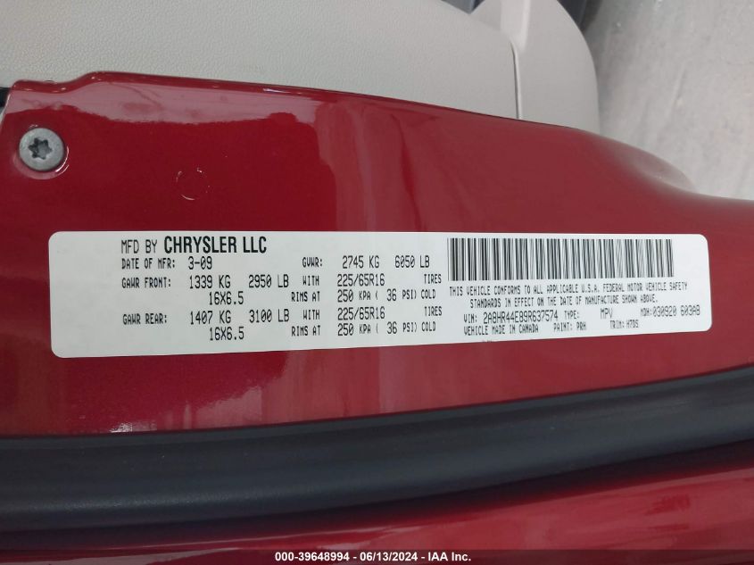 2009 Chrysler Town & Country Lx VIN: 2A8HR44E89R637574 Lot: 39648994