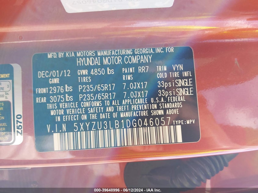 2013 Hyundai Santa Fe Sport VIN: 5XYZU3LB1DG046057 Lot: 39648996