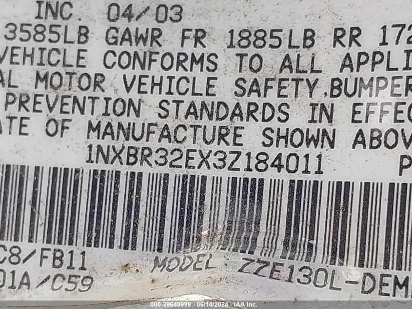 2003 Toyota Corolla Ce VIN: 1NXBR32EX3Z184011 Lot: 39648999