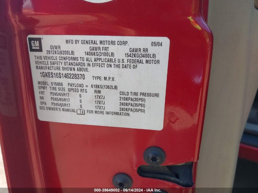 2004 GMC Envoy Xl Sle VIN: 1GKES16S146228370 Lot: 39649002