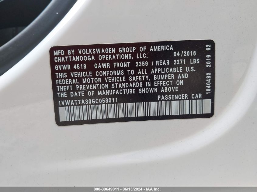2016 Volkswagen Passat 1.8T S VIN: 1VWAT7A30GC053011 Lot: 39649011