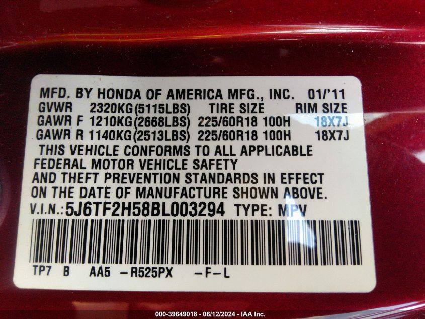 2011 Honda Accord Crosstour Ex-L VIN: 5J6TF2H58BL003294 Lot: 39649018