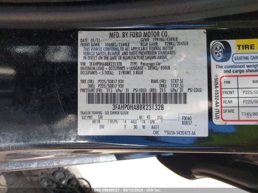 2011 Ford Fusion Se VIN: 3FAHP0HA8BR231328 Lot: 39649021