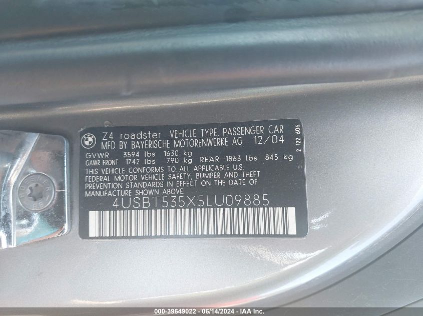 2005 BMW Z4 3.0I VIN: 4USBT535X5LU09885 Lot: 39649022