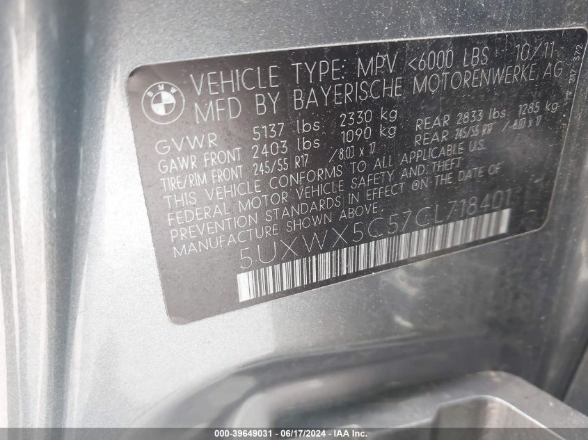 2012 BMW X3 xDrive28I VIN: 5UXWX5C57CL718401 Lot: 39649031