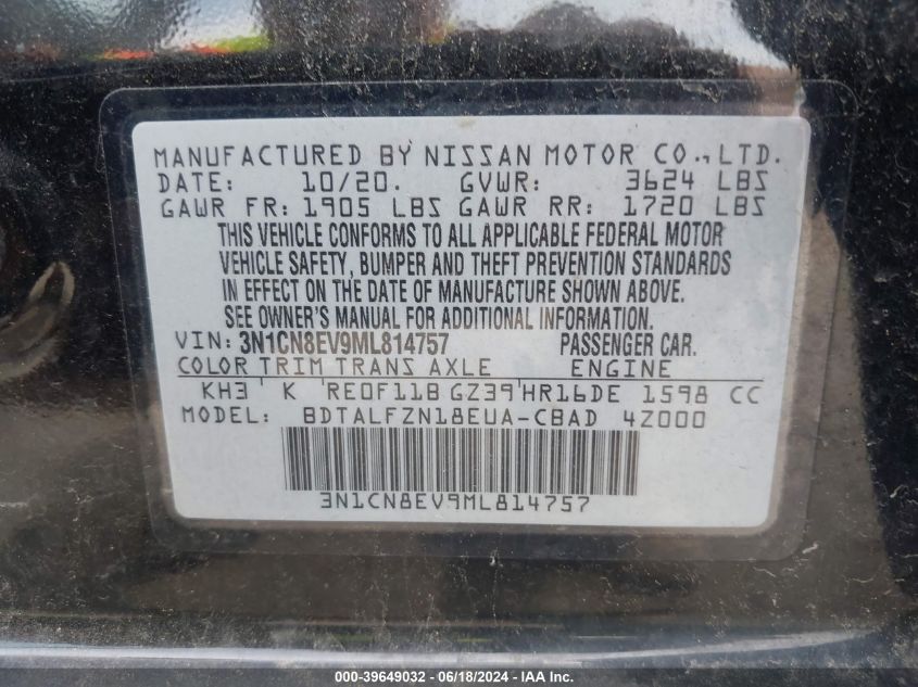 2021 Nissan Versa Sv Xtronic Cvt VIN: 3N1CN8EV9ML814757 Lot: 39649032