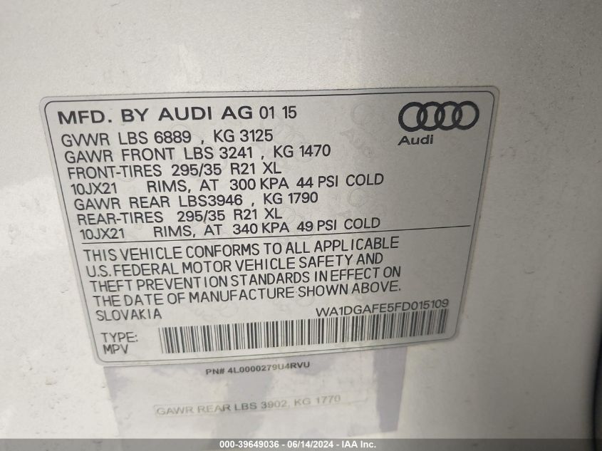 2015 Audi Q7 3.0T S Line Prestige VIN: WA1DGAFE5FD015109 Lot: 39649036