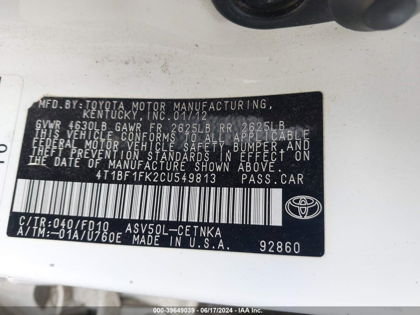 2012 Toyota Camry Le VIN: 4T1BF1FK2CU549813 Lot: 39649039