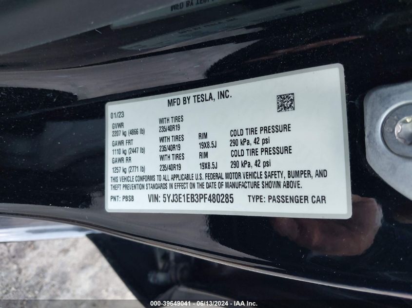 2023 Tesla Model 3 Long Range Dual Motor All-Wheel Drive VIN: 5YJ3E1EB3PF480285 Lot: 39649041