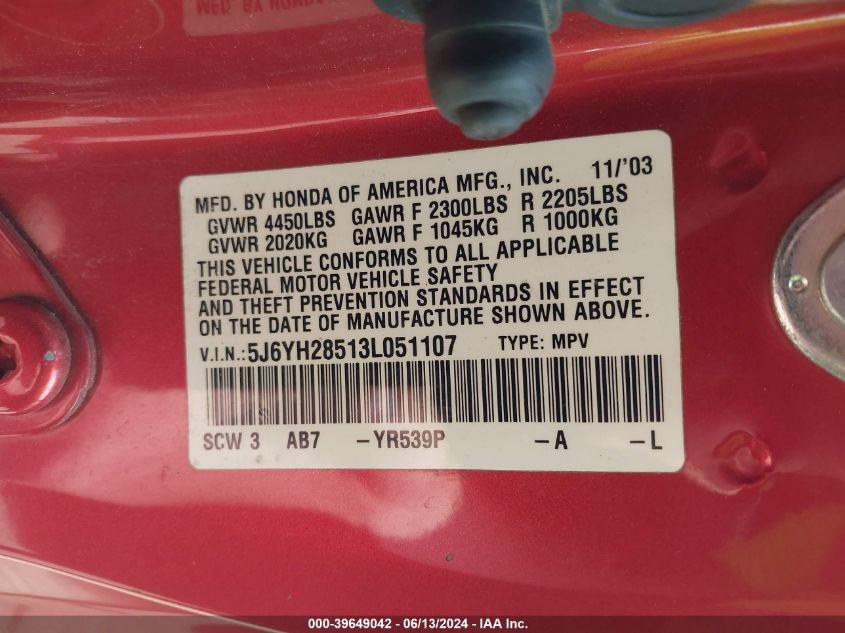 2003 Honda Element Ex VIN: 5J6YH28513L051107 Lot: 39649042