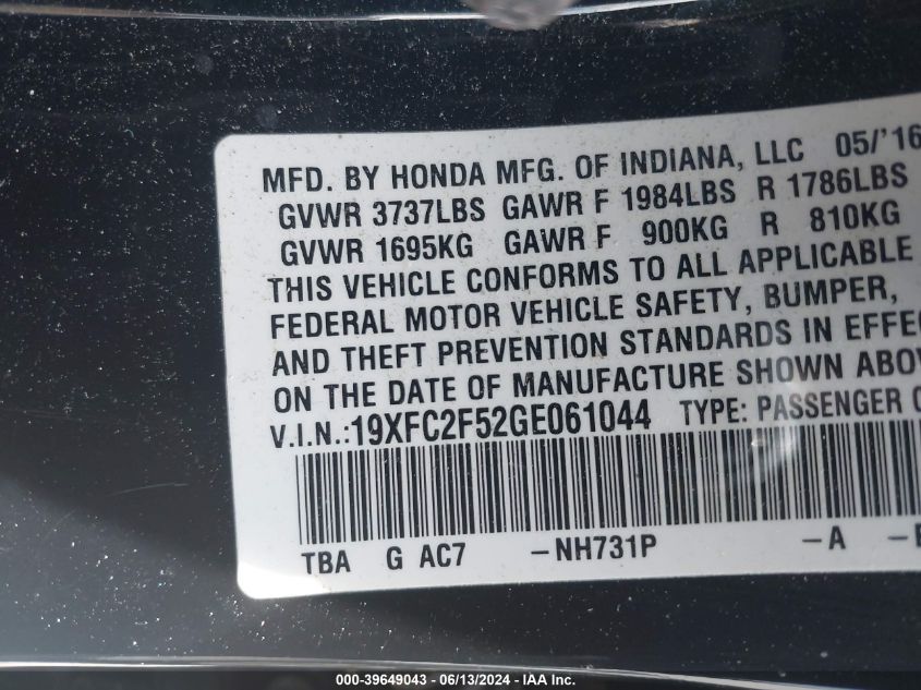 2016 Honda Civic Lx VIN: 19XFC2F52GE061044 Lot: 39649043