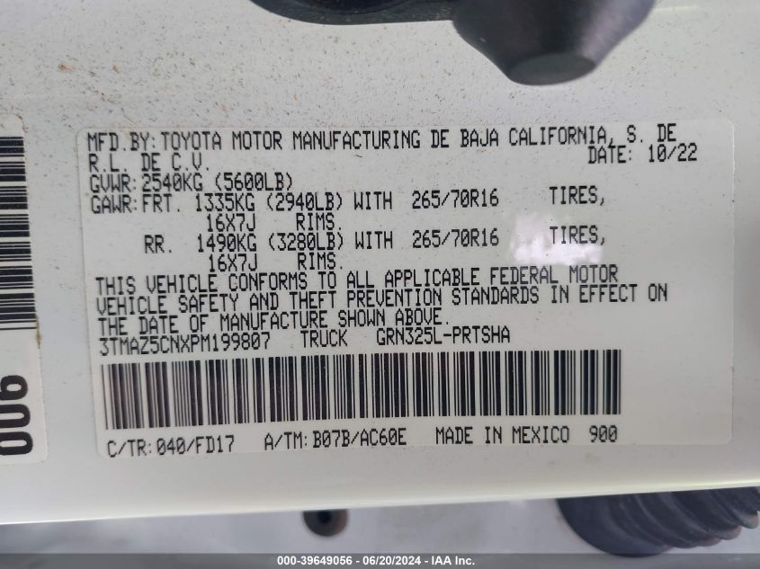 2023 Toyota Tacoma Trd Off Road VIN: 3TMAZ5CNXPM199807 Lot: 39649056