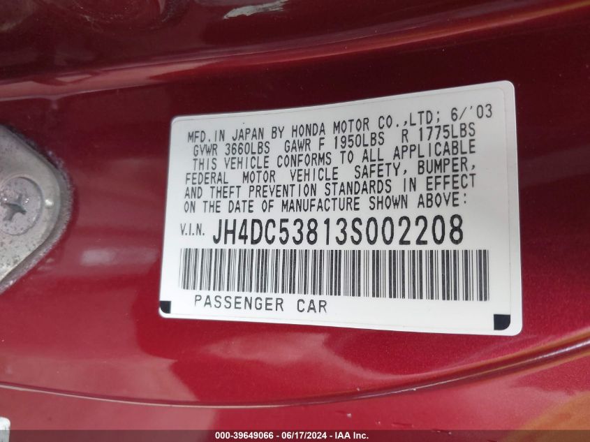 2003 Acura Rsx VIN: JH4DC53813S002208 Lot: 39649066