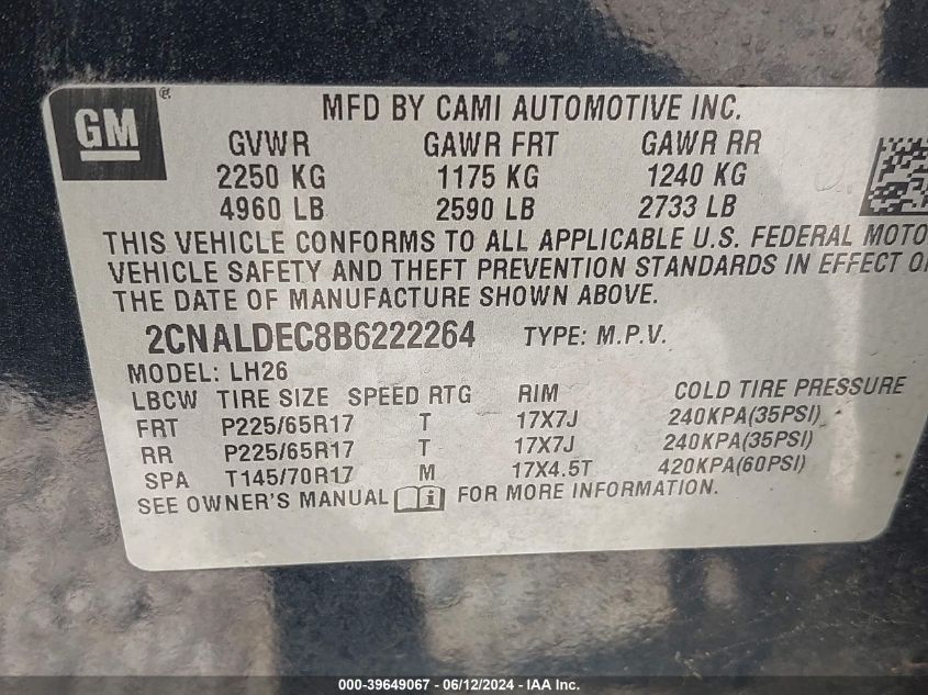 2011 Chevrolet Equinox 1Lt VIN: 2CNALDEC8B6222264 Lot: 39649067