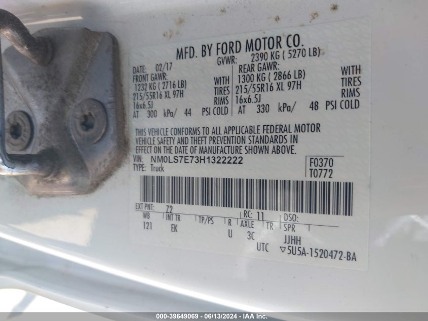 2017 Ford Transit Connect Xl VIN: NM0LS7E73H1322222 Lot: 39649069