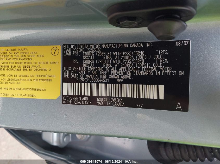 2008 Lexus Rx 350 VIN: 2T2GK31U68C044531 Lot: 39649074