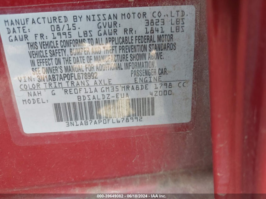 2015 Nissan Sentra Sv VIN: 3N1AB7AP0FL678992 Lot: 39649082