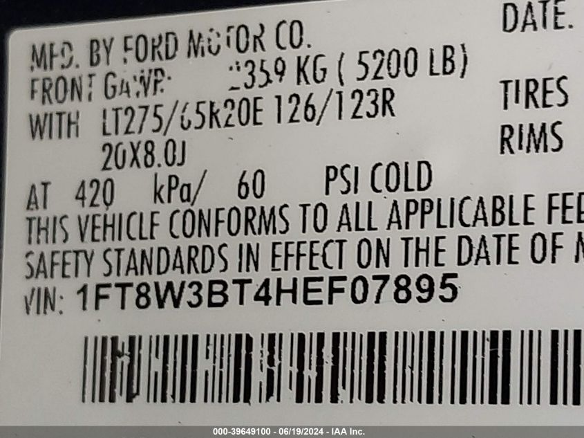 2017 Ford F-350 King Ranch VIN: 1FT8W3BT4HEF07895 Lot: 39649100